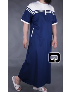 Navy blue and white short-sleeved Qamis