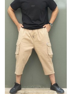 Sarouel pantacourt cargo beige homme Wassat avec poches latérales et coupe ample