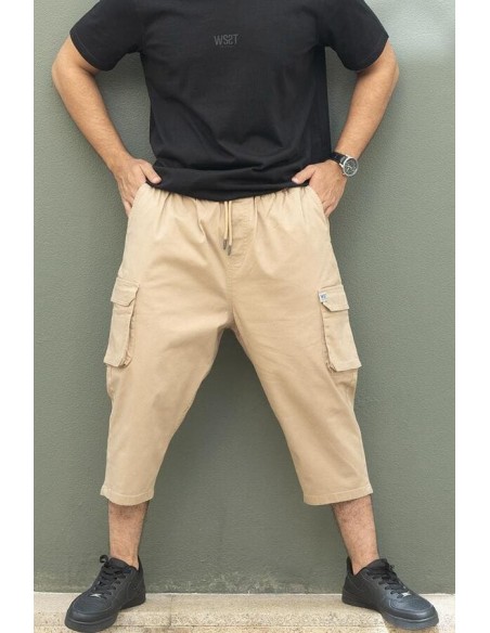 Sarouel pantacourt cargo beige homme Wassat avec poches latérales et coupe ample